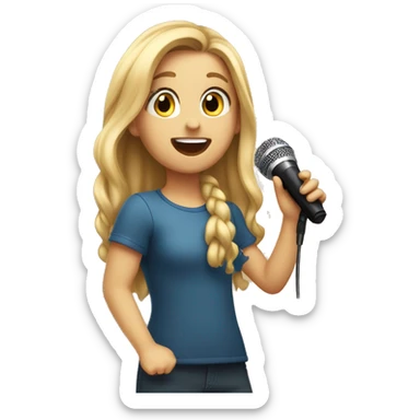 An emoji of a young girl with long blonde hair, holding a microphone and singing passionately, with a joyful expression on her face sticker