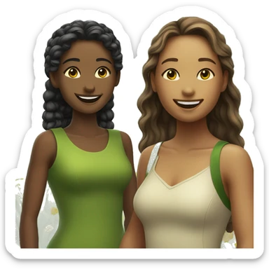 smiling bestfriends in nature with green and yellow dress sticker