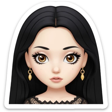 black hair, pretty, BLACK long black hair, pale skin, eyeliner, lace clothes, brown eyes bratz baddie sticker