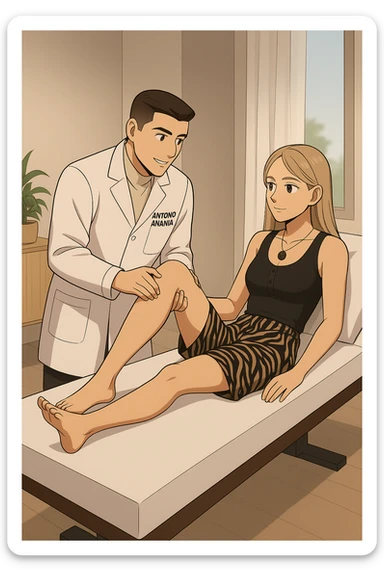 fai un webtoon/manga a colori con questo kinesiologo in camice bianco (fagli la scritta "ANTONIO ANANIA" SUL CAMICE) CHE SVOLGE UN TEST NEUROMUSCOLARE SOLLEVANDO UNA GAMBA ALLA RAGAZZA CHE è STESA SU UN LETTINO BIANCO. STANZA SEMPLICE E MODERNA, DURANTE IL TEST I DUE DIALOGANO TRA LORO. NON FARE I FUMETTI, FAI SOLO LORO COME SE DIALOGASSERO sticker