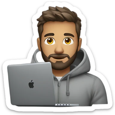 A project manager in a gray hoodie and with a short beard in front of an apple laptop sticker