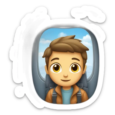 a kid boy sitting down an airplane passenger seat looking trough an airplane window sticker