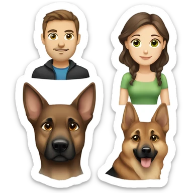 man with brown hair and blue eyes, woman with brown hair green eyes and a german shepard sticker