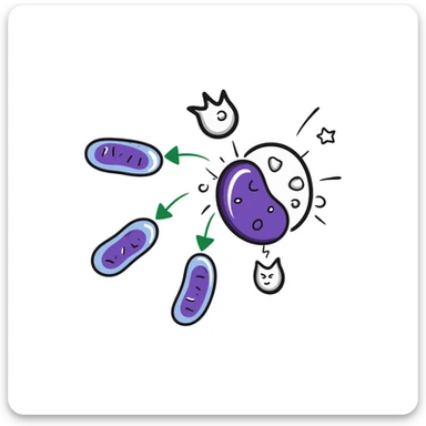 Antimicrobial action diagram: purple bacteria with detailed cell structure being attacked by blue shield-shaped antimicrobial molecules. Green arrows showing points of attack on cell wall and membrane. Hand-drawn scientific illustration with color-coded components. sticker