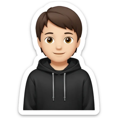 A brunette boy, short straight hair, light brown eyes, with a black sweatshirt with a hoodie, and smile  sticker
