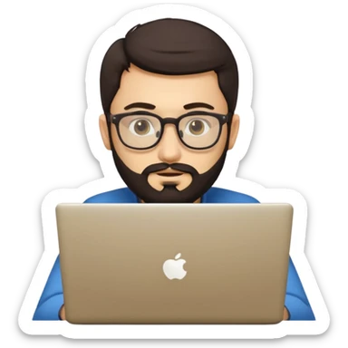 23 year old Azerbaijani man with very dark brown hair and beard with glasses and laptop , light yellow skin face, not european sticker