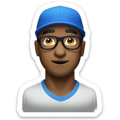 A man wearing a blue cap with 'P' on it and black glasses, white skin and big nose sticker