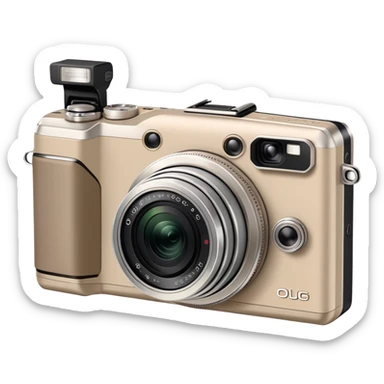 Minimalist beige Olympus Superzoom 70G camera, simplified clean design, basic rectangular shape with minimal details, just enough to identify as Olympus Superzoom 70G, flat style sticker
