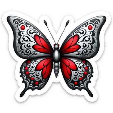 Dark evil gloomy Badass emo gothic punky butterfly black and silver with intricate red and white patterns  sticker