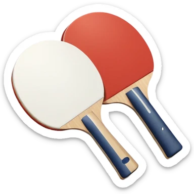 Two table tennis paddles crossed over a ping pong ball, placed on a smooth, reflective table. The background suggests a clean, minimalist playing surface, capturing the precision and fast-paced nature of the sport. sticker