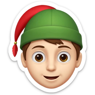 A cute 3D emoji head of a mischievous cartoon boy, fair skin, big expressive eyes, thick eyebrows, smiling with a slightly open mouth, brown hair, wearing a green pointed cap with a red feather, smooth sticker