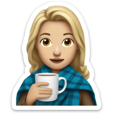 Dark blonde hair woman with blue fall blanket holding mug sticker
