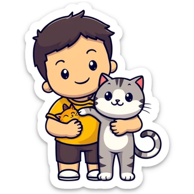 A smiling boy hugging a friendly tabby cat sticker