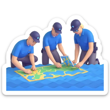 Team of marine geologists examining 3D maps of underwater terrain created from sonar data sticker