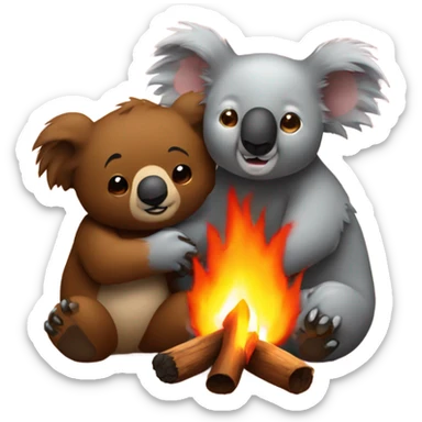 Koala snuggles with brown bear around a fire sticker