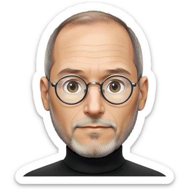 Steve Jobs with black turtleneck, round glasses, beard sticker