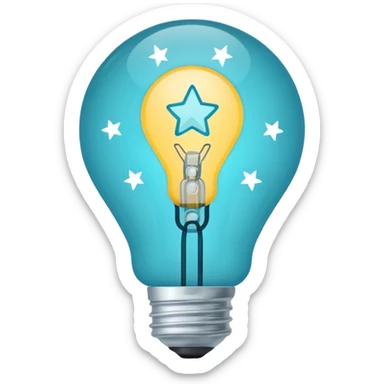 Light bulb icon with three small stars inside the bulb, flat emoji style, outline with blue and turquoise colors, white background sticker