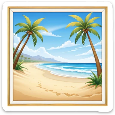 Cinematic Realistic Beach Emoji in a wooden frame, Sunny and bright, with soft golden sand stretching as far as the eye can see, gently lapping waves crashing onto the shore, and a clear, blue sky above. Palm trees sway in the warm breeze, crystal clear water of the waves on the landscape. Soft glowing outline, capturing the essence of a relaxed, joyful beach day filled with sun, sand, and surf! sticker