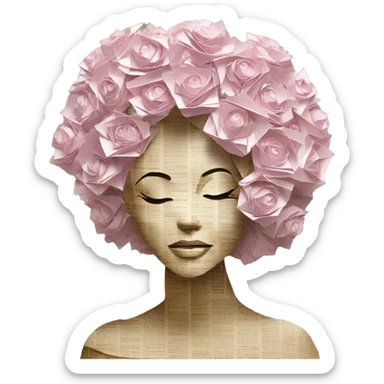 Glamorous lady made of 420 origami newspaper roses hemp leaves lantern fairy lights burning paper vaporwave sticker
