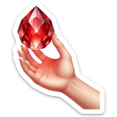 Pov white tone skin hand holding a red glowing crystal refracting light.  Only the hand should be displayed, nothing else.  sticker