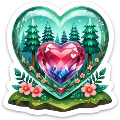 crystal heart with forest inside and floral decoration around sticker