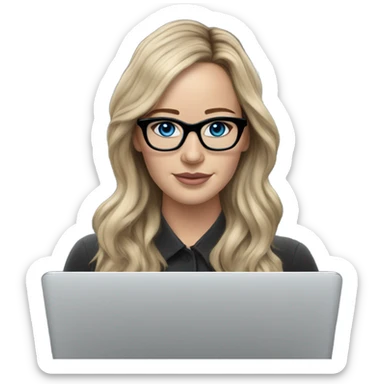 Realistic Photo of Brunette Jennifer Lawrence wearing black glasses and blue eyes  on a laptop  sticker
