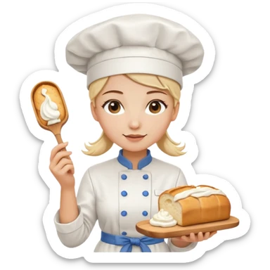 Young female baker - white chef hat, holding cream piping bag to milk oil on bread sticker