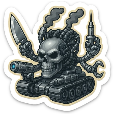 Create a skull robot tank with 4 distinct arms, each hand holding a different weapon: a large industrial blade, a blaster, a menacing syringe, and a claw. The exterior metal is extra shiny silver grey, with inside cables and tech almost black. Smoke from the top is dark shaded. The skull face is dropped down even lower and forward, matching the attached reference. Use retro stickers style with clean outline, compact proportions, and transparent background. sticker