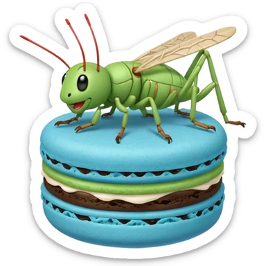 A cartoon cricket on a blue macaron sticker