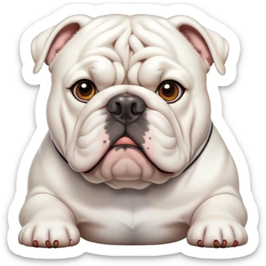 Cinematic Noble White English Bulldog Portrait Emoji, Poised and regal, with a sturdy, muscular build and a pristine, well-groomed pure white coat, deep-set soulful brown eyes, Simplified yet sharp and sophisticated features, highly detailed, glowing with a soft, dignified glow, high shine, intelligent and resolute, stylized with an air of authority, focused and attentive, soft glowing outline, capturing the essence of a watchful and confident guardian, so majestic it feels as though it could lumber out of the screen with effortless authority! sticker
