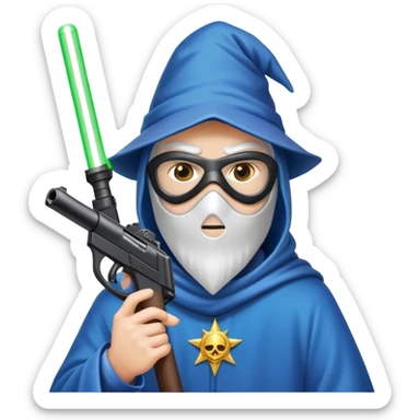 wizard with ski mask on and gun with laser beam sticker