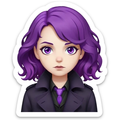 A noir-style detective with wavy purple hair, black trench coat, and piercing violet eyes sticker