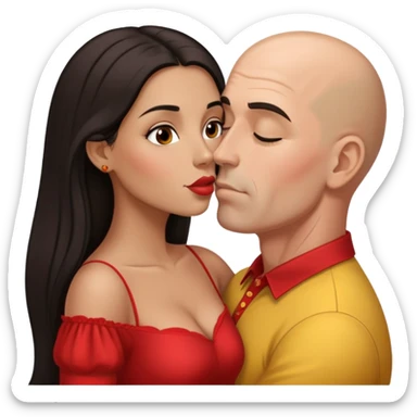 short venezuelan woman with long dark hair kissing tall bald american man sticker