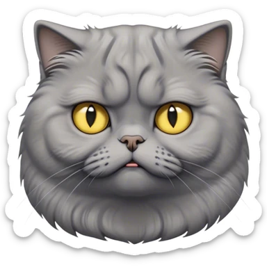 Cinematic Comical Grey Scottish Fold Cat Portrait Emoji, Adorable folded ears accentuating its round face, head tilted with a scrunched, grumpy expression, sleek soft grey fur with subtle blue undertones, large, striking yellow eyes, Simplified yet sharp features, highly detailed, glowing with a slightly sarcastic glow, high shine, poised but with a comically displeased demeanor, stylized with an air of playful disdain, focused yet unimpressed, soft glowing outline, capturing the essence of a grumpy yet endearing kitty with the classic Scottish Fold charm, so lifelike it feels like it could give you an exaggerated sigh and a disapproving stare at any moment! sticker