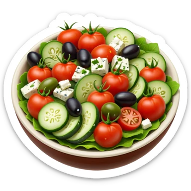 mediterranean salad bowl object icon, tomatoes, cucumbers, olives, feta cheese, olive oil dressing, 3D cartoon, mobile game icon style, clean background, no text, no watermark
 sticker