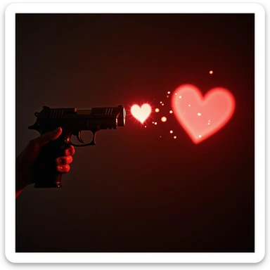 a handgun firing glowing heart-shaped bullets, photorealistic style sticker