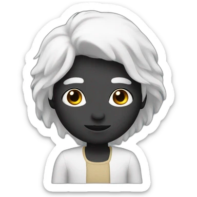 human with black skin and round face with small eyes and long white hair sticker
