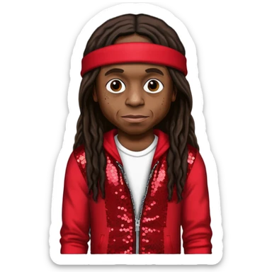 Lil Wayne with long dark brown hair, red sequin outfit sticker