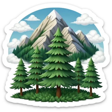 simple single evergreen tree with clouds and mountain in Slavic folk style, dark neutral forest colors, favicon or emoji style sticker