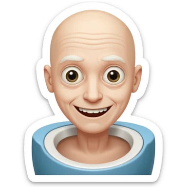 A bald person who’s very old is staring, he’s inside a toilet and his head is upright and looking at the camera with very wide eyes and a massive smile, in a very creepy way. sticker