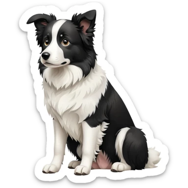 Sitting Border Collie dog with ONLY ONE single black ear, the rest of the dog including the other ear is completely white, extreme contrast between the one black ear and white body sticker