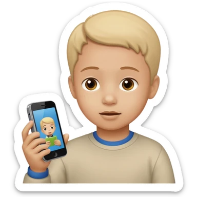 A child holds a phone in his hand, with cartoons on TV in the background sticker