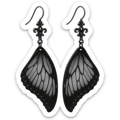 goth earrings, black butterfly wing, delicate gothic style, ethereal, detailed sticker