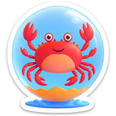 happy crab floating inside a transparent bubble, playful and cute, clear background sticker