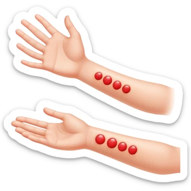 Allergy skin prick test on forearm with small red bumps showing reactions to different allergens, with 5 fingers of the hand visible sticker