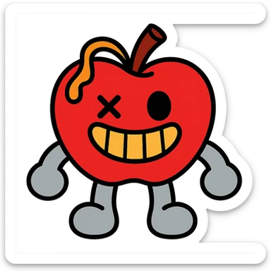 plush apple character with light grey limbs, left eye is an X, ichor coming out of stem without leaf, wide grin sticker