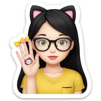 Nails cute with hello kitty wear glasses black long  hair wear, yellow shirt sticker