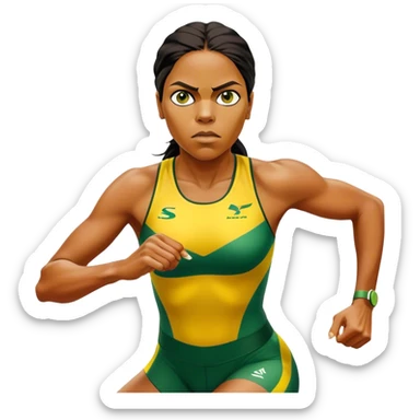 Cinematic Realistic portrait of Cathy Freeman, shown as an iconic Australian sprinter with a focused, determined expression and modern athletic yellow and green attire accented with subtle native motifs, rendered in dynamic, vibrant lighting sticker