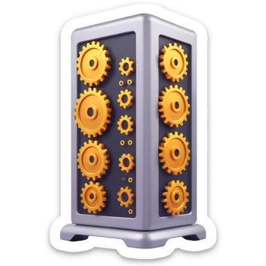 3D style icon of computer settings, a stylized computer tower with multiple gears, metallic and techy sticker