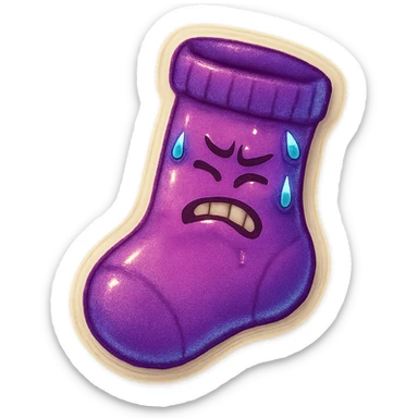 A purple sock with a tilted face, sweating, representing tilt or frustration. sticker